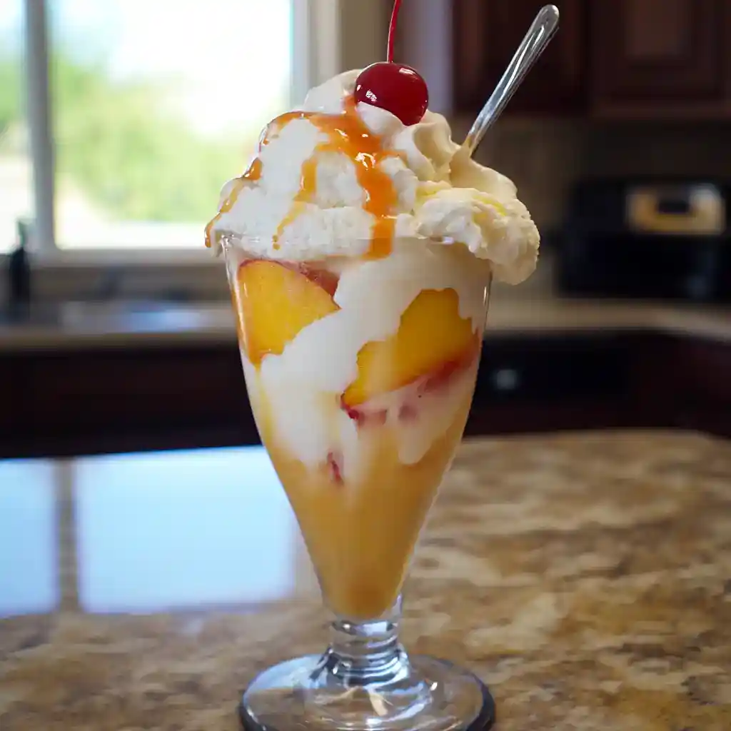 Sweet fruit parfait with whipped cream, maraschino cherry, caramel drizzle, and fresh peaches in a tall glass, perfect for summer desserts and breakfast recipes.