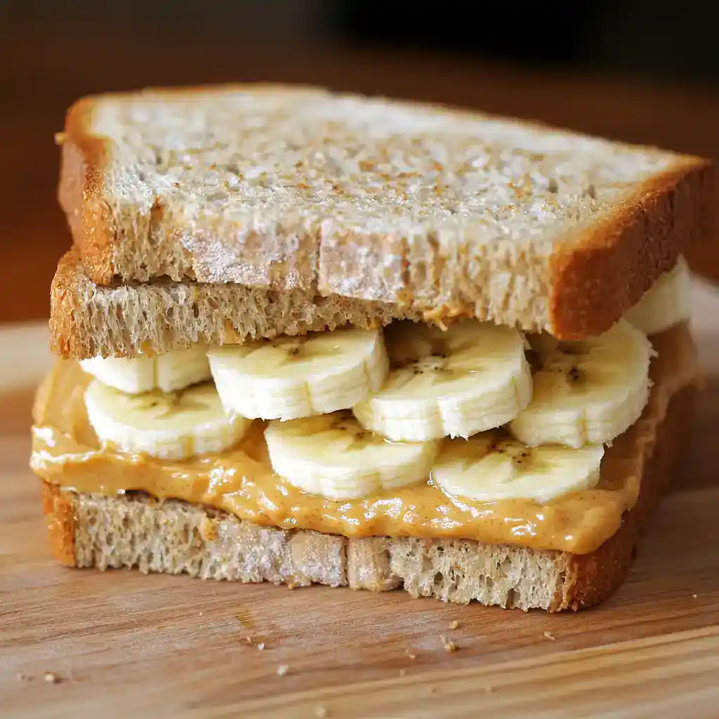 Fresh banana and peanut butter sandwich on whole wheat bread, highlighting easy overnight breakfast recipes for a nutritious start.