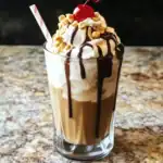 1. Rich caramel iced coffee topped with whipped cream, chocolate drizzle, chopped nuts, and a cherry in a tall glass on a granite countertop.