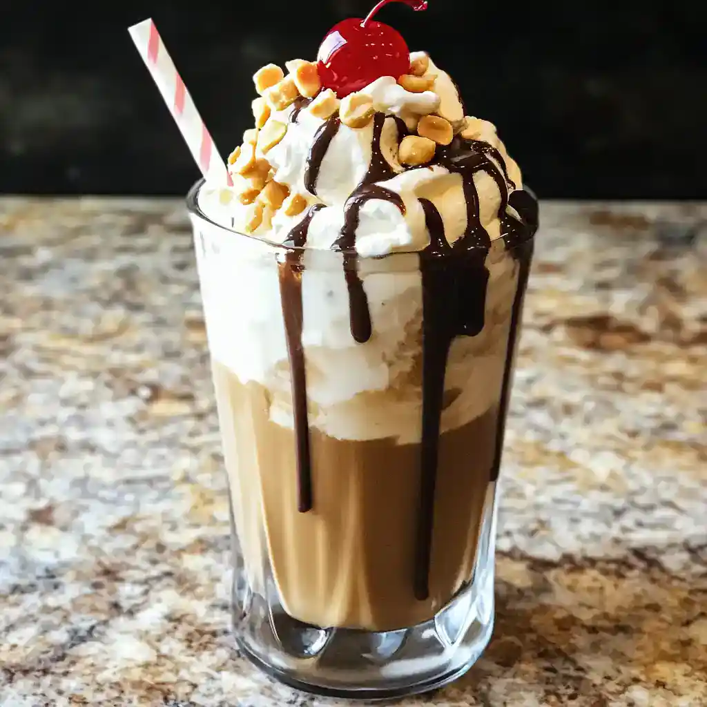 1. Rich caramel iced coffee topped with whipped cream, chocolate drizzle, chopped nuts, and a cherry in a tall glass on a granite countertop.