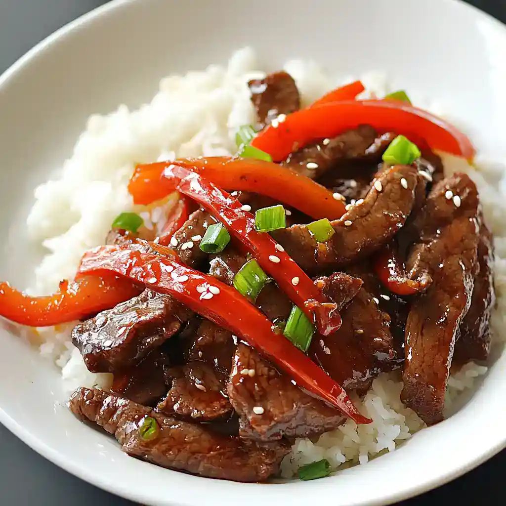 Juicy beef stir-fry with colorful bell peppers, served over fluffy white rice, garnished with sesame seeds and chopped green onions. Perfect for a quick, flavorful Asian-inspired meal.