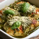 Baked chicken breast with pesto, Parmesan cheese, and fresh basil leaves in a white baking dish. A delicious, healthy dinner recipe with flavorful herbs and cheese.