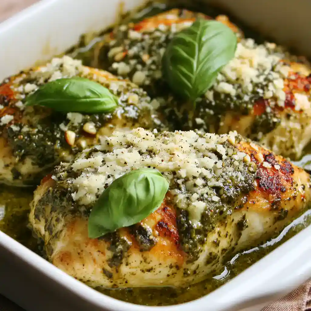 Baked chicken breast with pesto, Parmesan cheese, and fresh basil leaves in a white baking dish. A delicious, healthy dinner recipe with flavorful herbs and cheese.