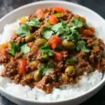 Comforting beef and vegetable stew served over fluffy white rice, garnished with fresh cilantro and parsley, perfect for a hearty and satisfying meal.