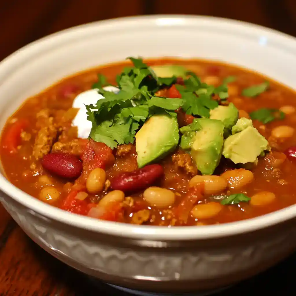 Creamy, hearty chili with kidney beans, ground meat, fresh avocado, and cilantro garnished, served in a white bowl, perfect for warming up and enjoying authentic comfort food.