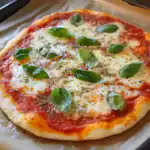 Fresh Margherita pizza with melted mozzarella, basil leaves, and tomato sauce on a baked crust. Perfect for those seeking quick and delicious Italian-inspired recipes at home.