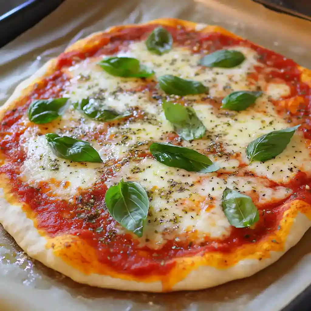 Fresh Margherita pizza with melted mozzarella, basil leaves, and tomato sauce on a baked crust. Perfect for those seeking quick and delicious Italian-inspired recipes at home.