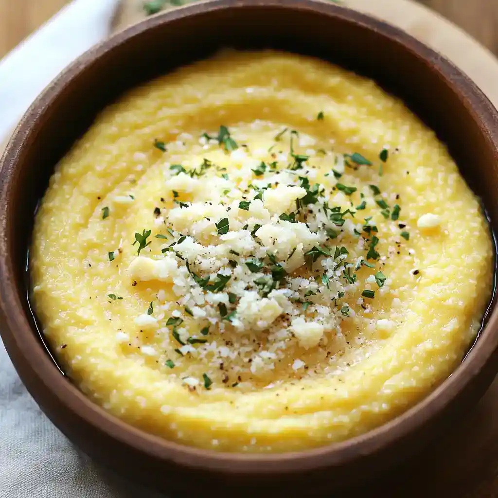 Creamy corn chowder in a rustic wooden bowl garnished with cheese and herbs. Delicious, comforting soup recipe perfect for cozy meals and easy family dinners.