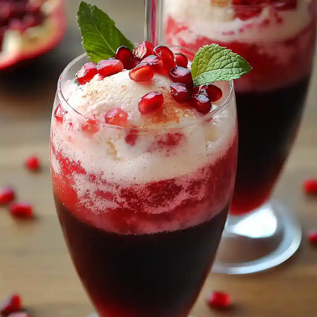 Sweet pomegranate cocktail with fresh mint garnish, served over ice with a frosty appearance. Perfect for summer drinks, featuring vibrant red pomegranate seeds and icy coolness for a refreshing beverage.