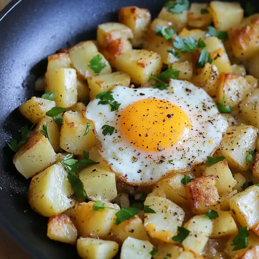 Crispy breakfast skillet with roasted potatoes and a sunny-side-up egg topped with herbs, perfect for hearty morning meals and easy comfort food.