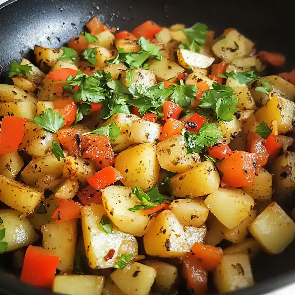 Crispy roasted potatoes with colorful diced bell peppers and fresh herbs, perfect for breakfast or dinner, easy to prepare on the stovetop or in a skillet, seasoned for rich flavor.