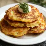Golden crispy potato pancakes topped with sour cream and fresh parsley, perfect for breakfast or brunch. Easy German potato pancake recipe on Station Recipes.