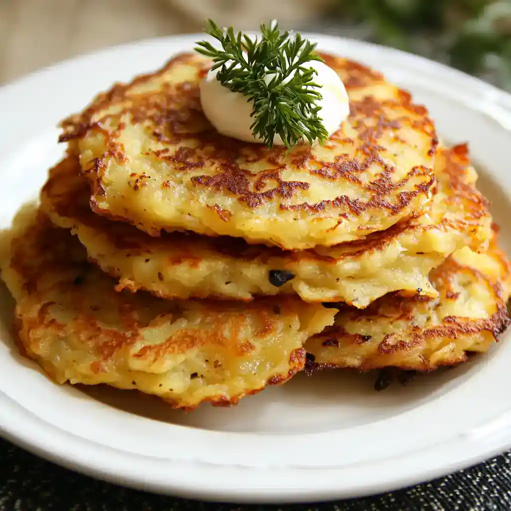 Golden crispy potato pancakes topped with sour cream and fresh parsley, perfect for breakfast or brunch. Easy German potato pancake recipe on Station Recipes.