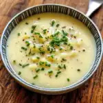 Creamy potato soup topped with chopped green onions and black pepper, served in a stylish bowl on a wooden table for a comforting, homemade meal.
