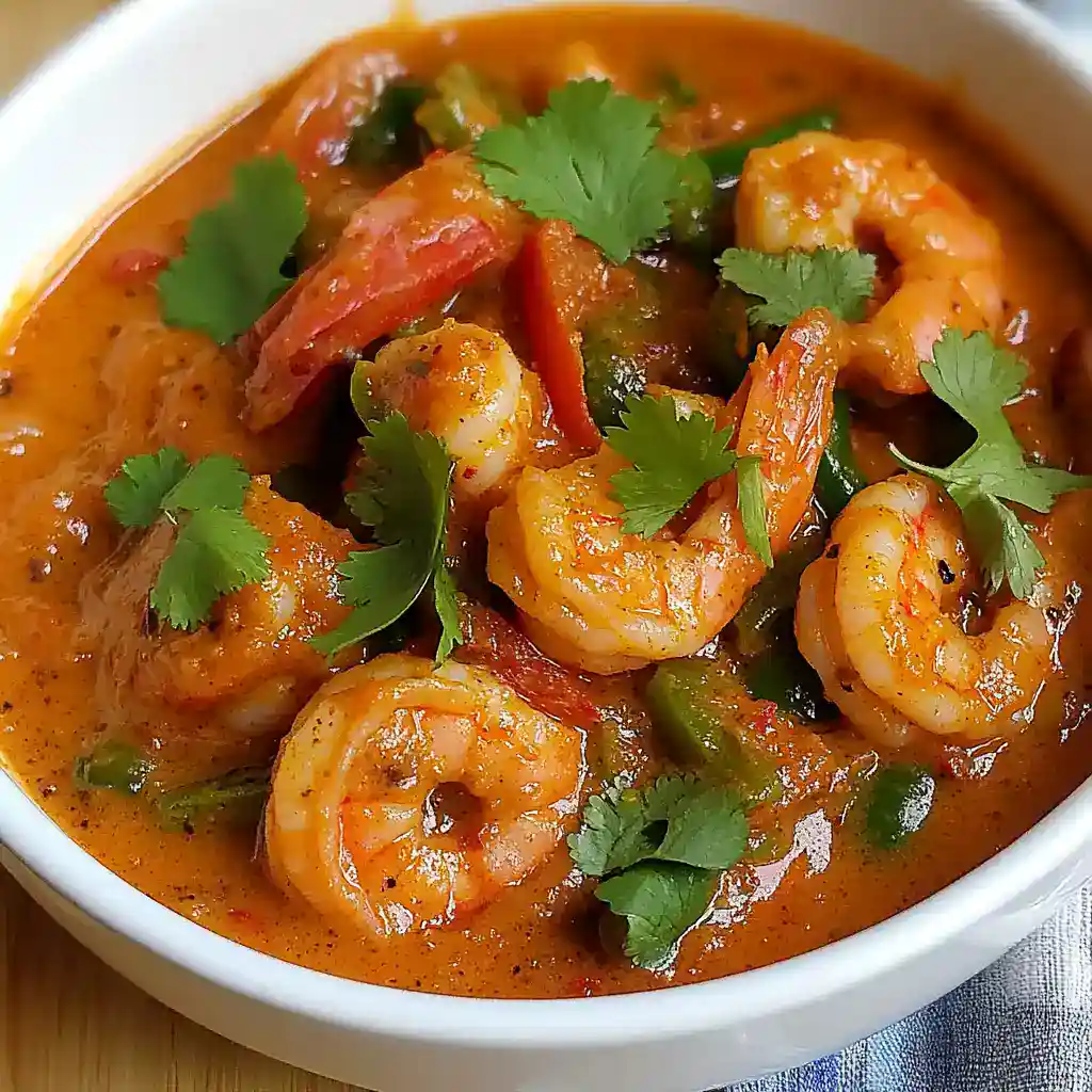 Succulent shrimp curry with vibrant vegetables and fresh cilantro, served in a flavorful spicy sauce, perfect for enjoying authentic Indian and Thai cuisine.