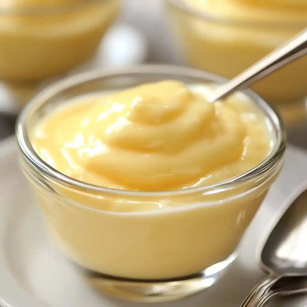 Creamy vanilla custard in a glass bowl with a spoon, perfect for dessert or toppings, made with rich ingredients for a smooth, luscious texture.