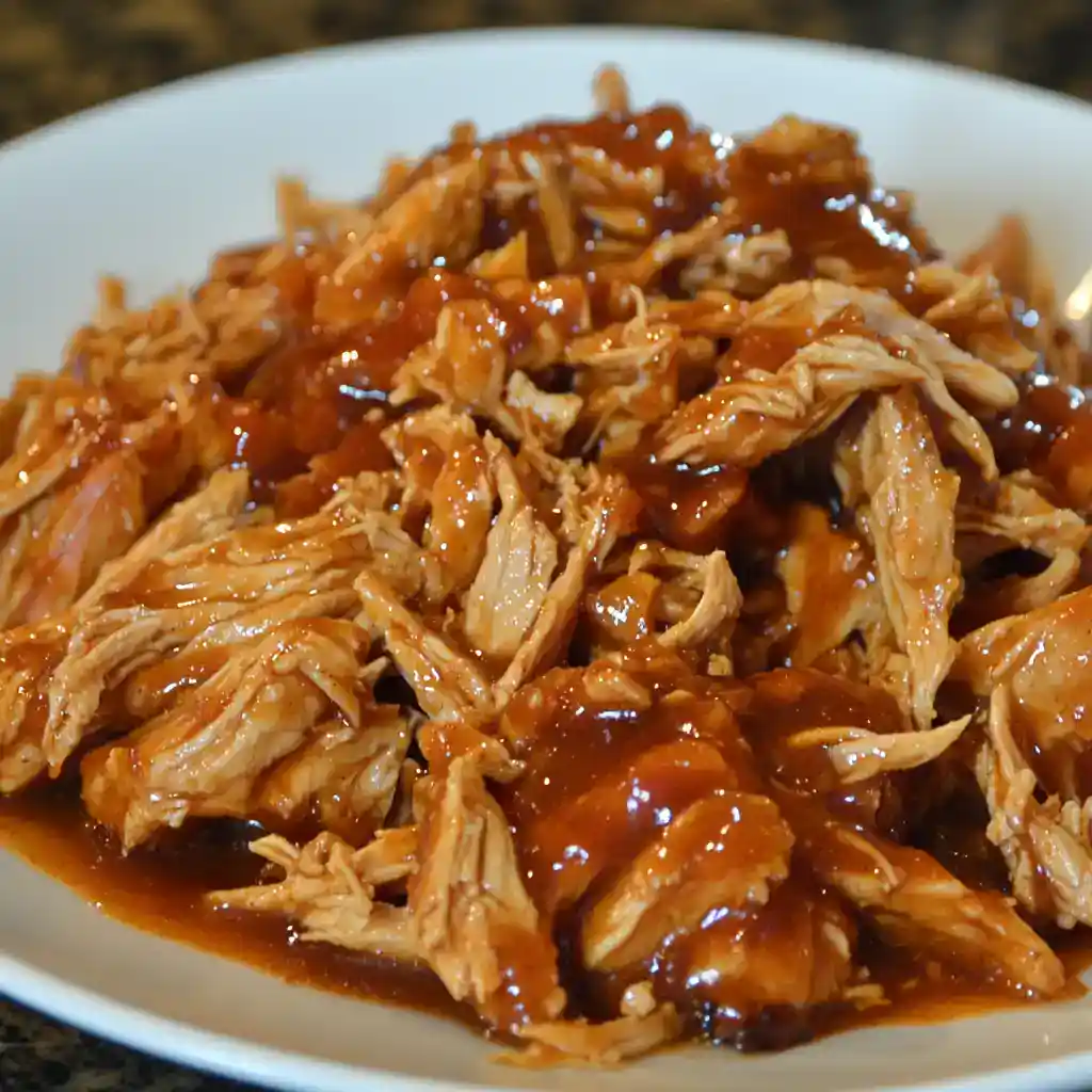 Shredded chicken with barbecue sauce on a white plate, tender and flavorful, perfect for sandwiches or wraps. A delicious homemade shredded chicken recipe for quick and easy meals.