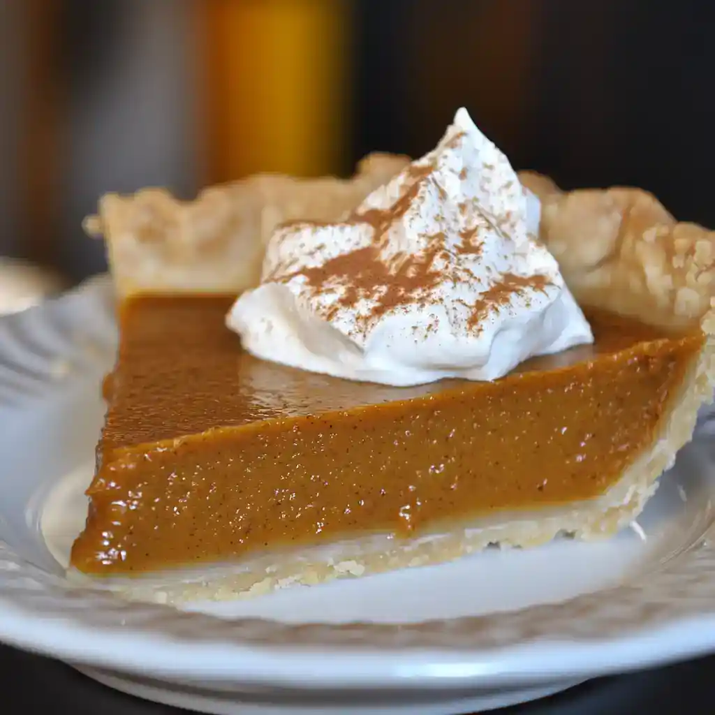 Creamy caramel pudding pie topped with whipped cream and cocoa powder, served on a white plate.