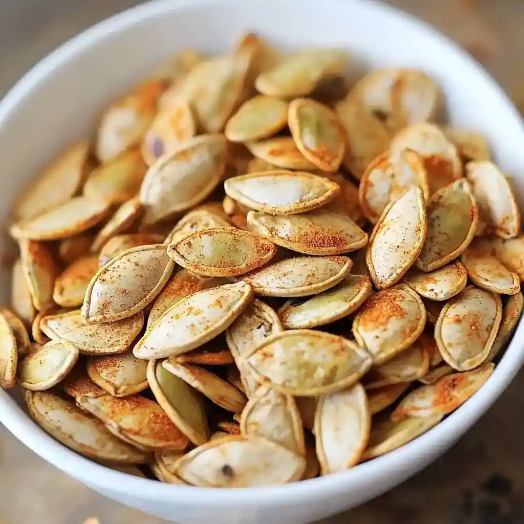 Roasted pumpkin seeds seasoned with spices in a white bowl. Perfect healthy snack or ingredient for recipes, easy to make at home with pumpkin seeds, oil, and seasoning.