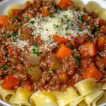 Comforting homemade beef stew over pappardelle pasta with carrots, celery, and aromatic herbs, topped with grated Parmesan cheese, perfect for a cozy family dinner.
