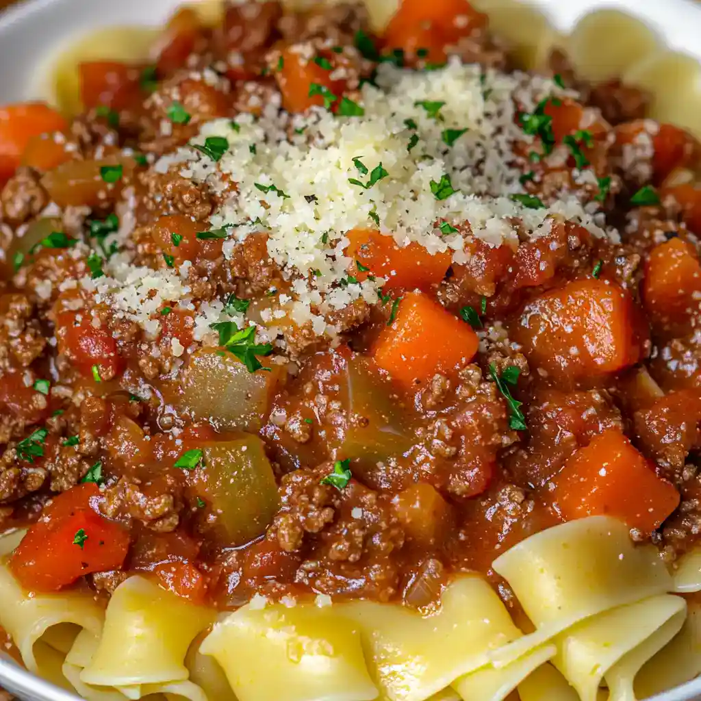 Comforting homemade beef stew over pappardelle pasta with carrots, celery, and aromatic herbs, topped with grated Parmesan cheese, perfect for a cozy family dinner.