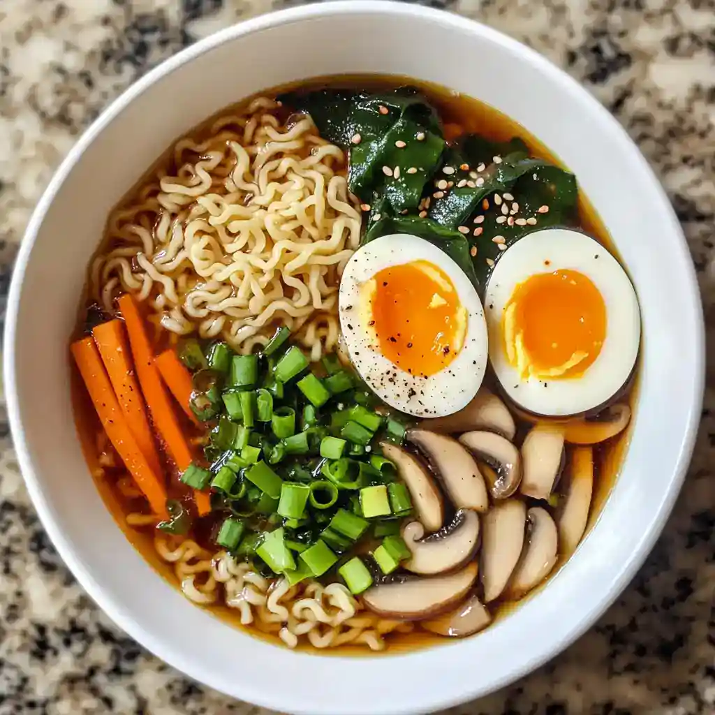 Steaming bowl of instant ramen with soft boiled eggs, vegetables, and mushrooms, on granite countertop, Asian-inspired cuisine, quick and easy meal, healthy snack, comfort food, image of ramen soup.