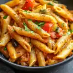 Creamy tomato basil pasta with penne, fresh herbs, and a rich, flavorful sauce for a cozy dinner option.