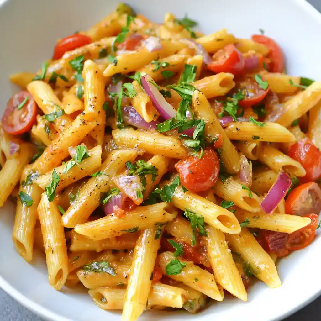 Creamy pasta with cherry tomatoes, red onions, and fresh herbs - perfect for quick and delicious weeknight dinners.