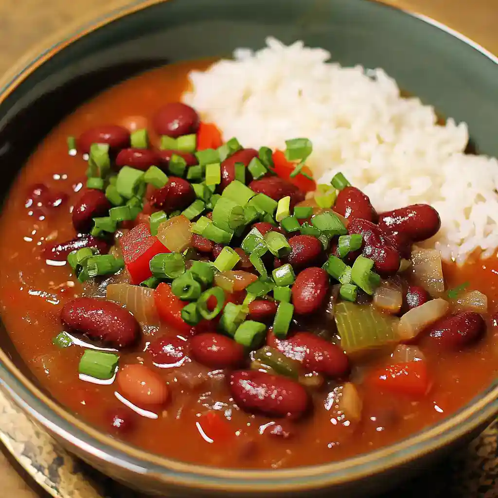 1. Hearty vegetarian chili with kidney beans, fresh chopped green onions, and served with white rice in a black bowl.