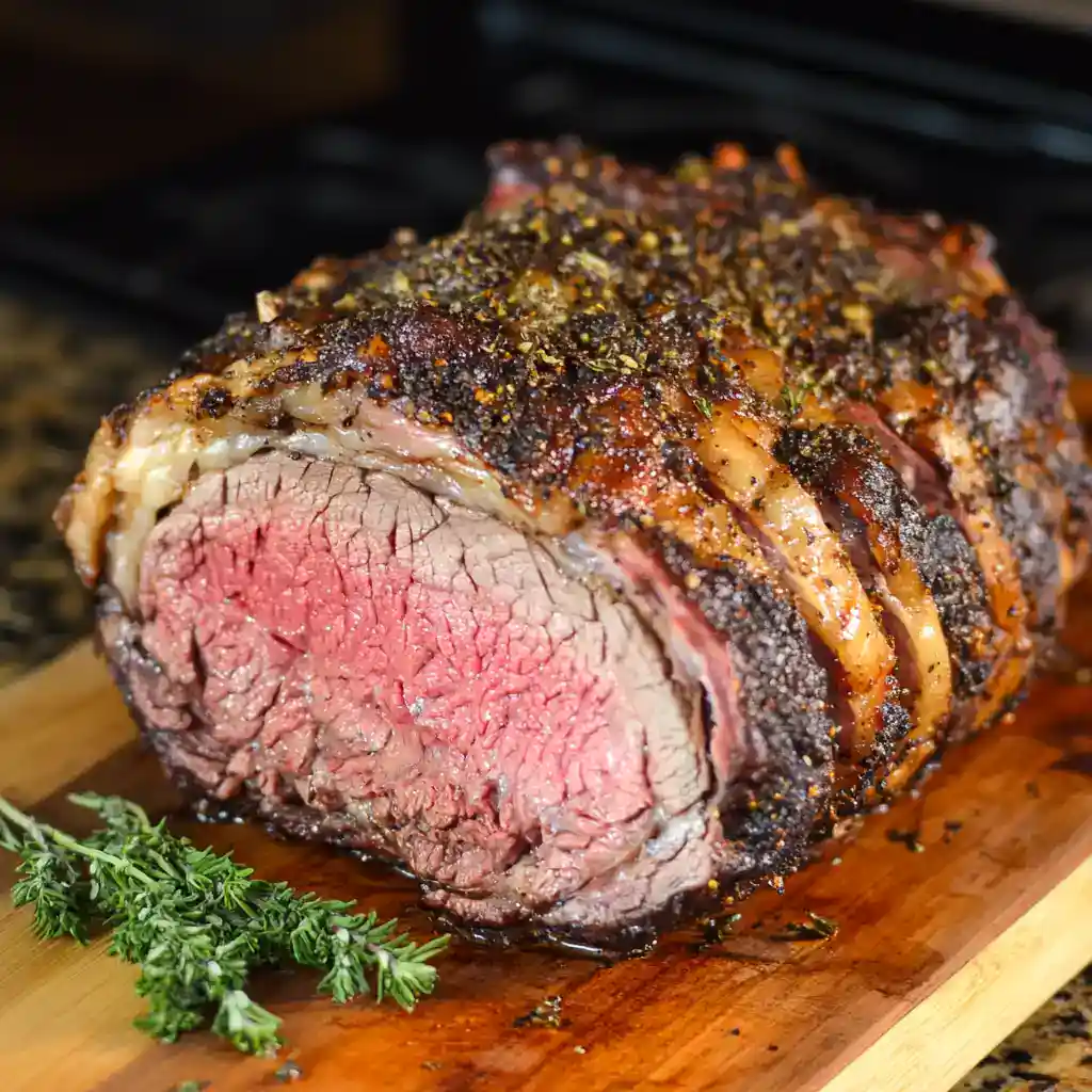 Juicy oven-roasted beef tenderloin wrapped in bacon on a wooden cutting board with herbs, perfect for special occasions and family dinners.