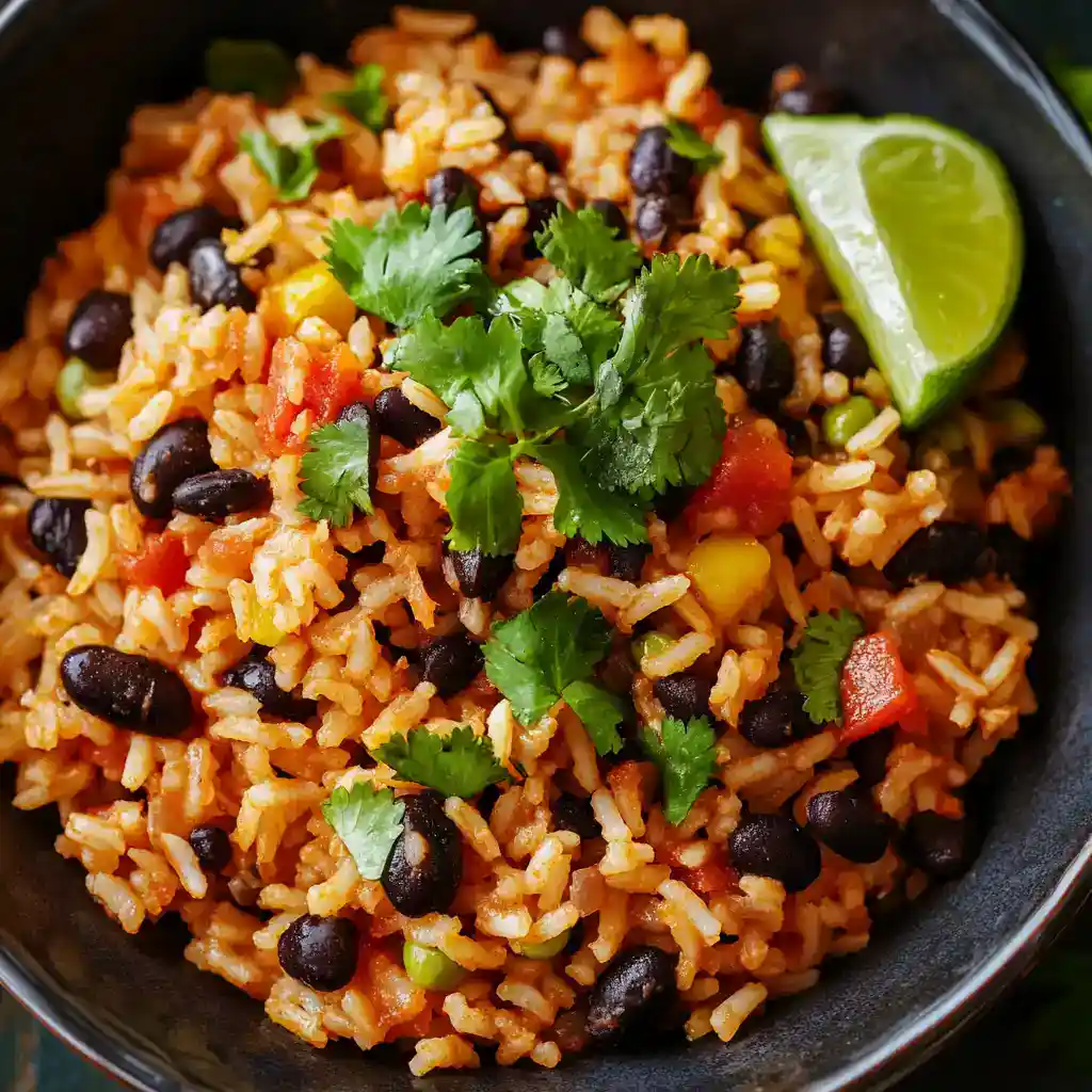1. Black bean rice bowl with cilantro and lime, healthy vegetarian Mexican-inspired meal, quick and easy recipe, Station Recipes.