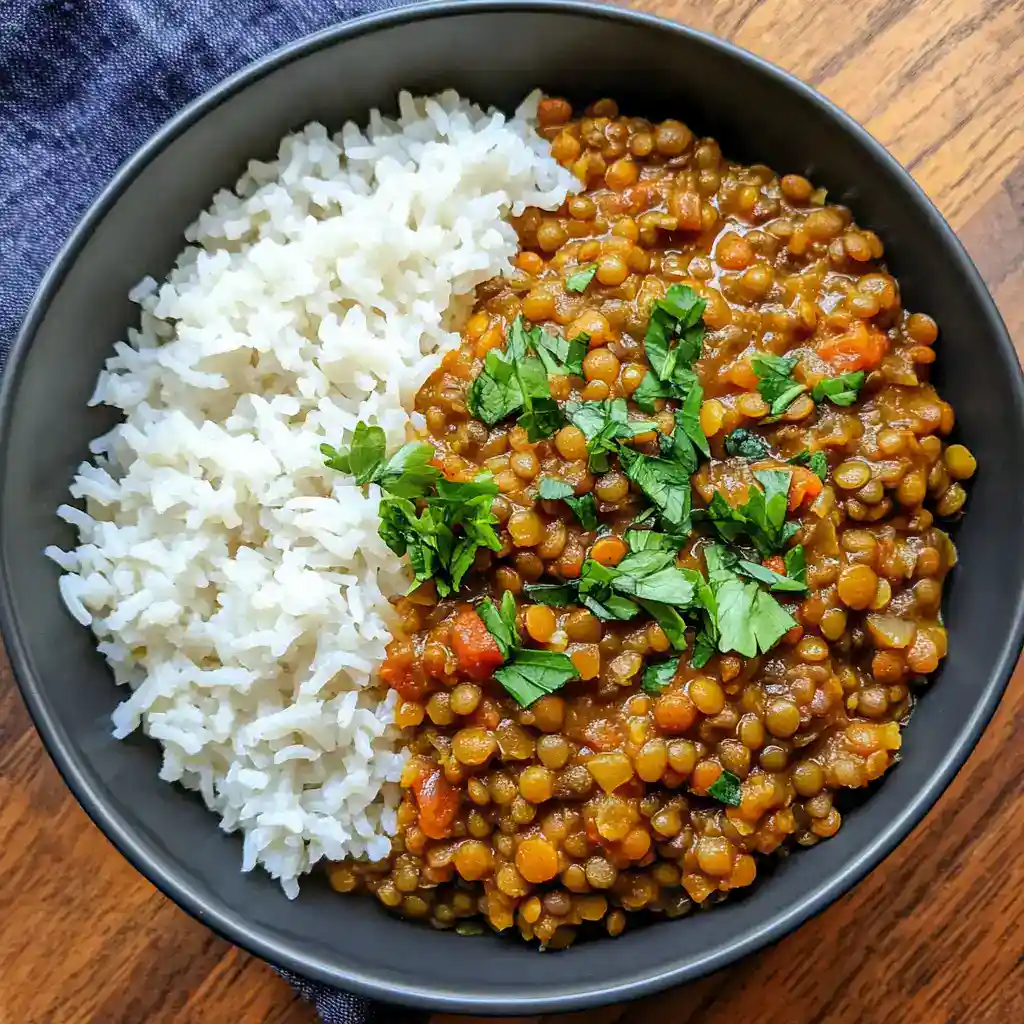 Steamed white rice served with flavorful lentil curry garnished with fresh cilantro, on wooden table - a healthy vegetarian meal from Station Recipes.