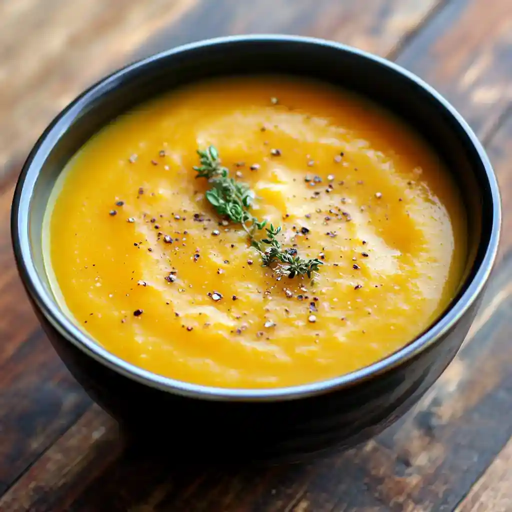 Creamy butternut squash soup garnished with fresh thyme and black pepper, served hot in a black bowl. Perfect for cozy fall meals and featuring healthy, seasonal ingredients.