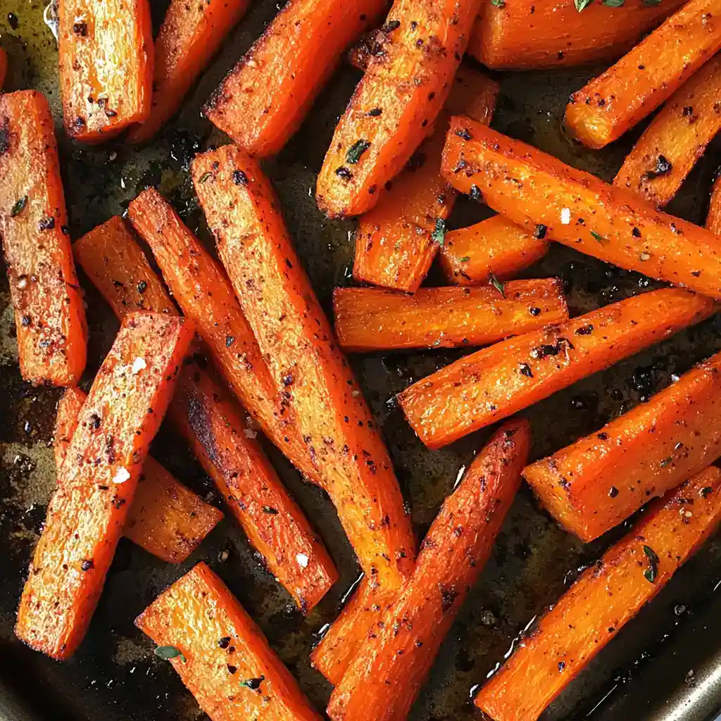 Roasted carrots with black pepper and herbs on baking sheet, healthy vegetable side dish, deliciously caramelized carrots from Station Recipes.