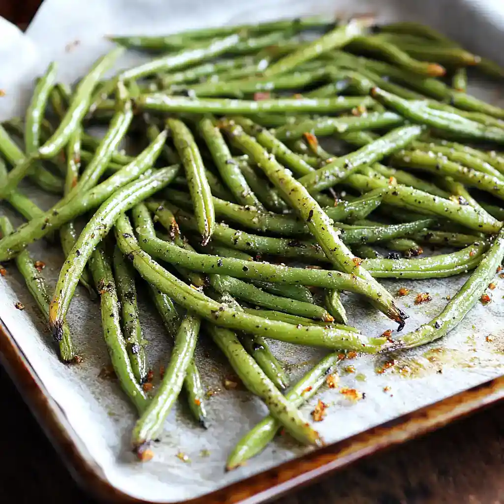 Roasted green beans seasoned with garlic, salt, and pepper on parchment paper. Perfect healthy side dish or snack with crispy texture and savory flavor. Ideal for meal prep and appetizer options.