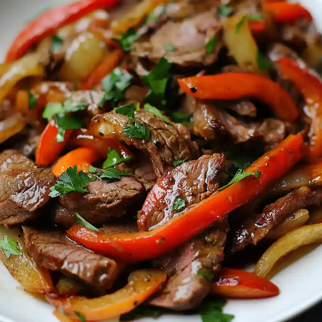 Beef stir-fry with colorful bell peppers and fresh herbs, a quick and healthy meal recipe from Station Recipes.