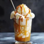 Creamy vanilla ice cream sundae topped with caramel drizzle, whipped cream, and a spoon in a tall glass. Perfect for dessert lovers and hot day treats.