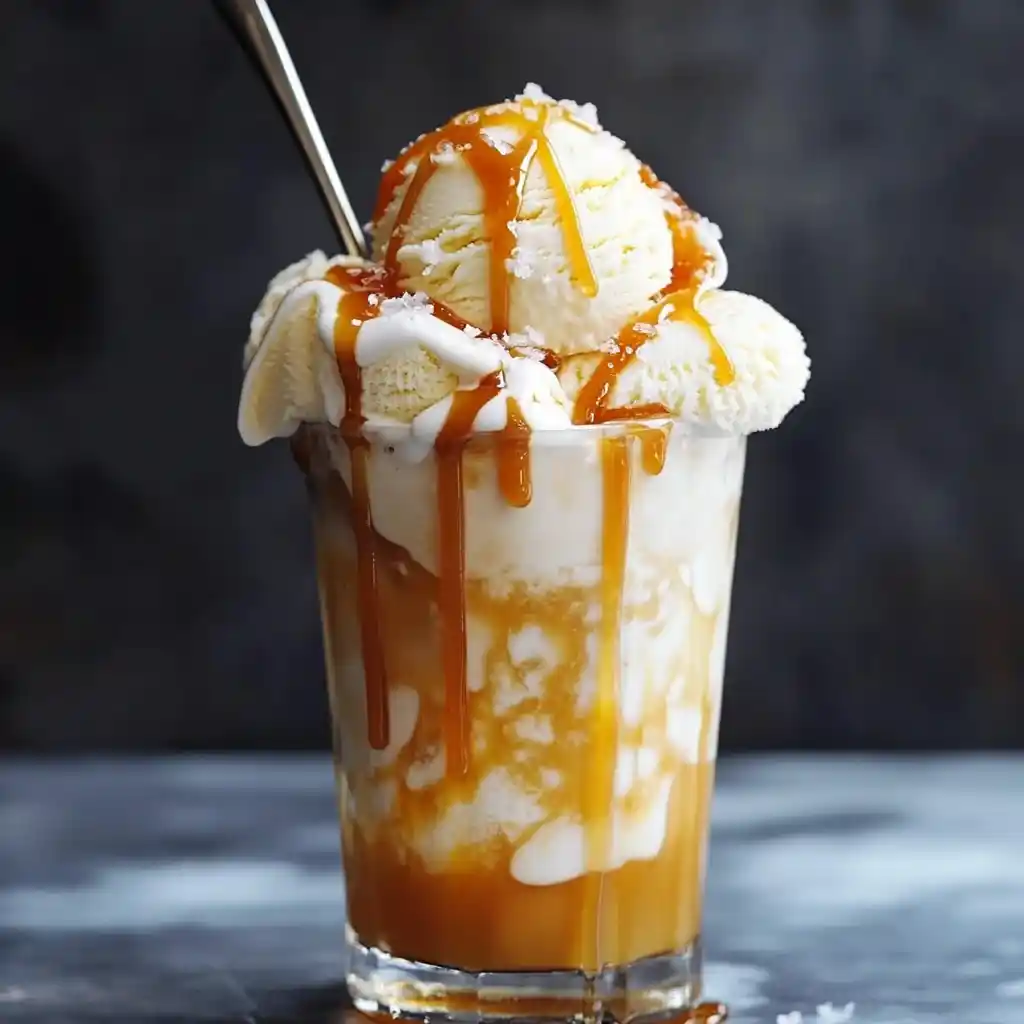 Creamy vanilla ice cream sundae topped with caramel drizzle, whipped cream, and a spoon in a tall glass. Perfect for dessert lovers and hot day treats.