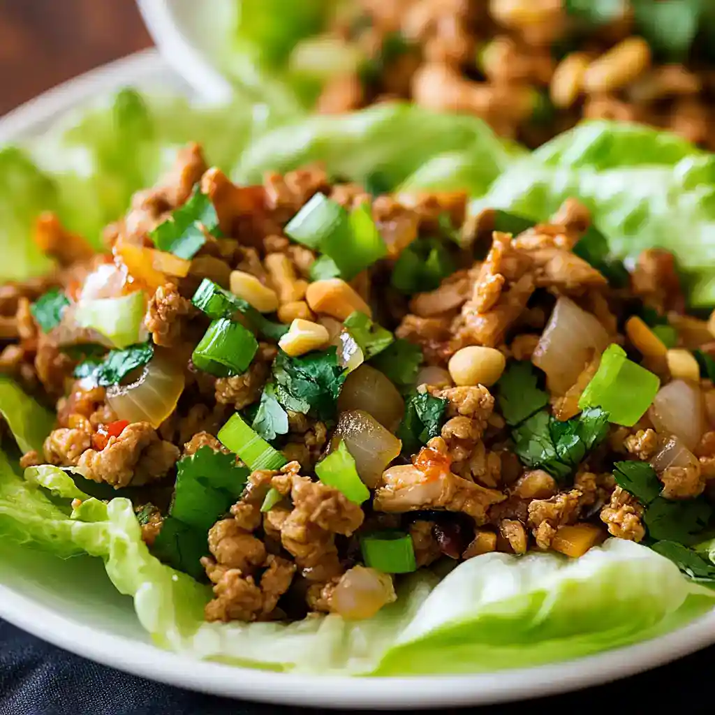 Savory ground turkey lettuce wraps with chopped green onions, garlic, and crunchy peanuts on fresh lettuce leaves for healthy lunch or dinner options.