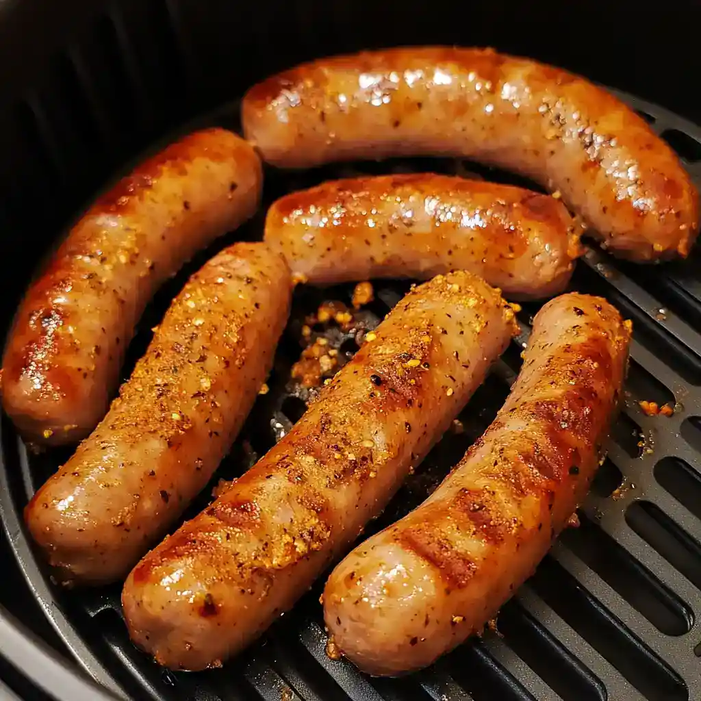 Herb and spice seasoned sausage links grilling in an air fryer, showcasing a perfect golden-brown crust and flavorful exterior.