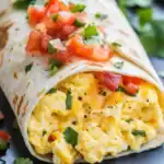 Fluffy scrambled eggs breakfast wrap with fresh salsa and cilantro, perfect for quick morning meals and portable lunch ideas. Delicious, savory, and easy to make.