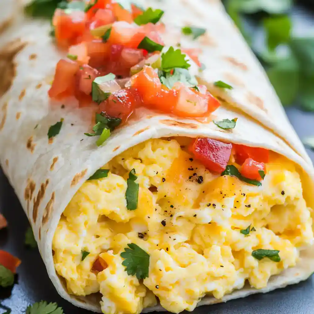 Fluffy scrambled eggs breakfast wrap with fresh salsa and cilantro, perfect for quick morning meals and portable lunch ideas. Delicious, savory, and easy to make.