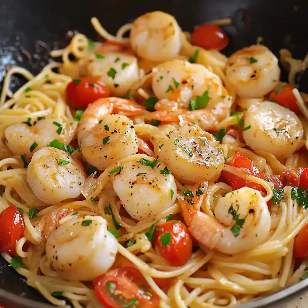 Juicy shrimp and cherry tomatoes over spaghetti with fresh herbs, cooked in garlic butter for a flavorful seafood pasta dish. Perfect for a quick, delicious dinner or special occasion.