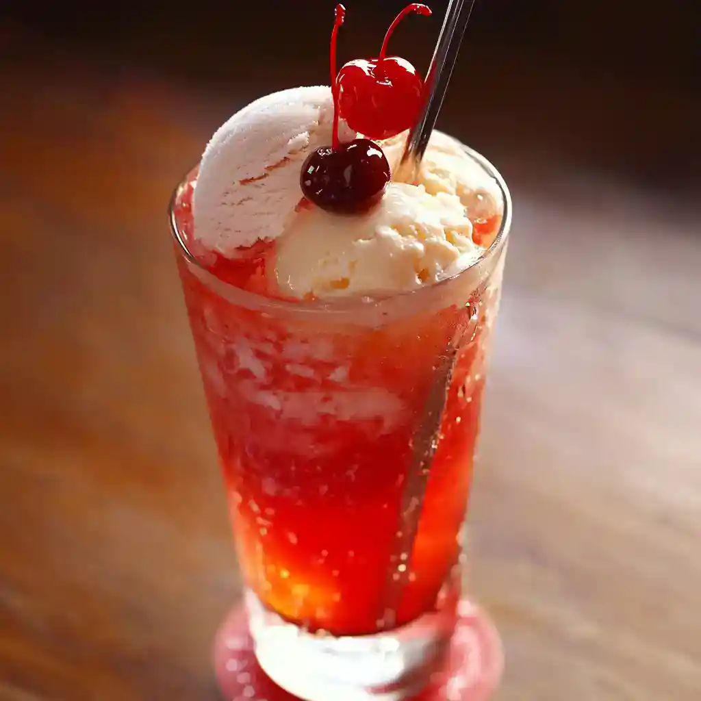 Vanilla ice cream float with cherry toppings in a tall glass, refreshing summer beverage, perfect for dessert or a treat.