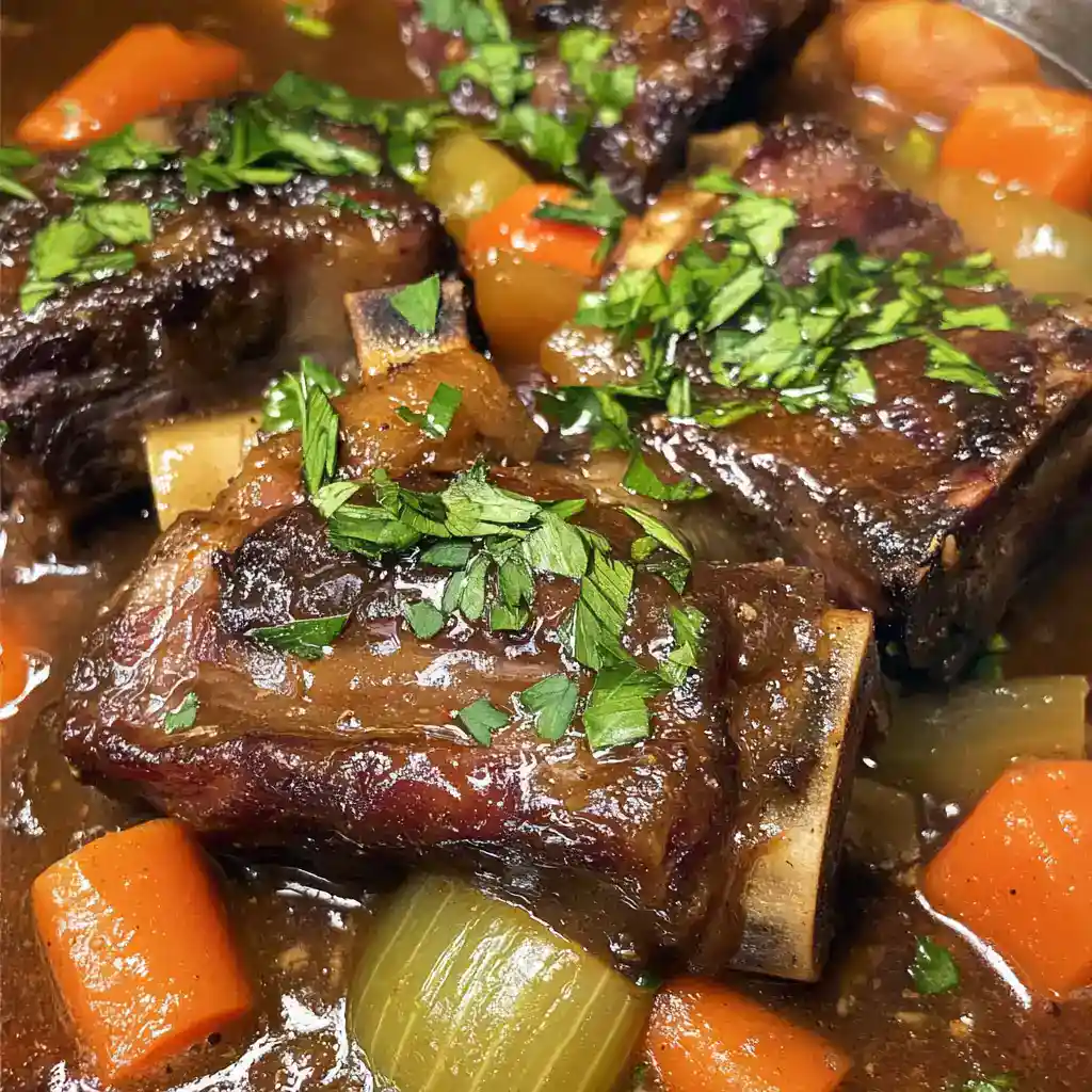Succulent beef short ribs with vegetables in rich gravy, garnished with fresh parsley for a hearty Station Recipes meal.