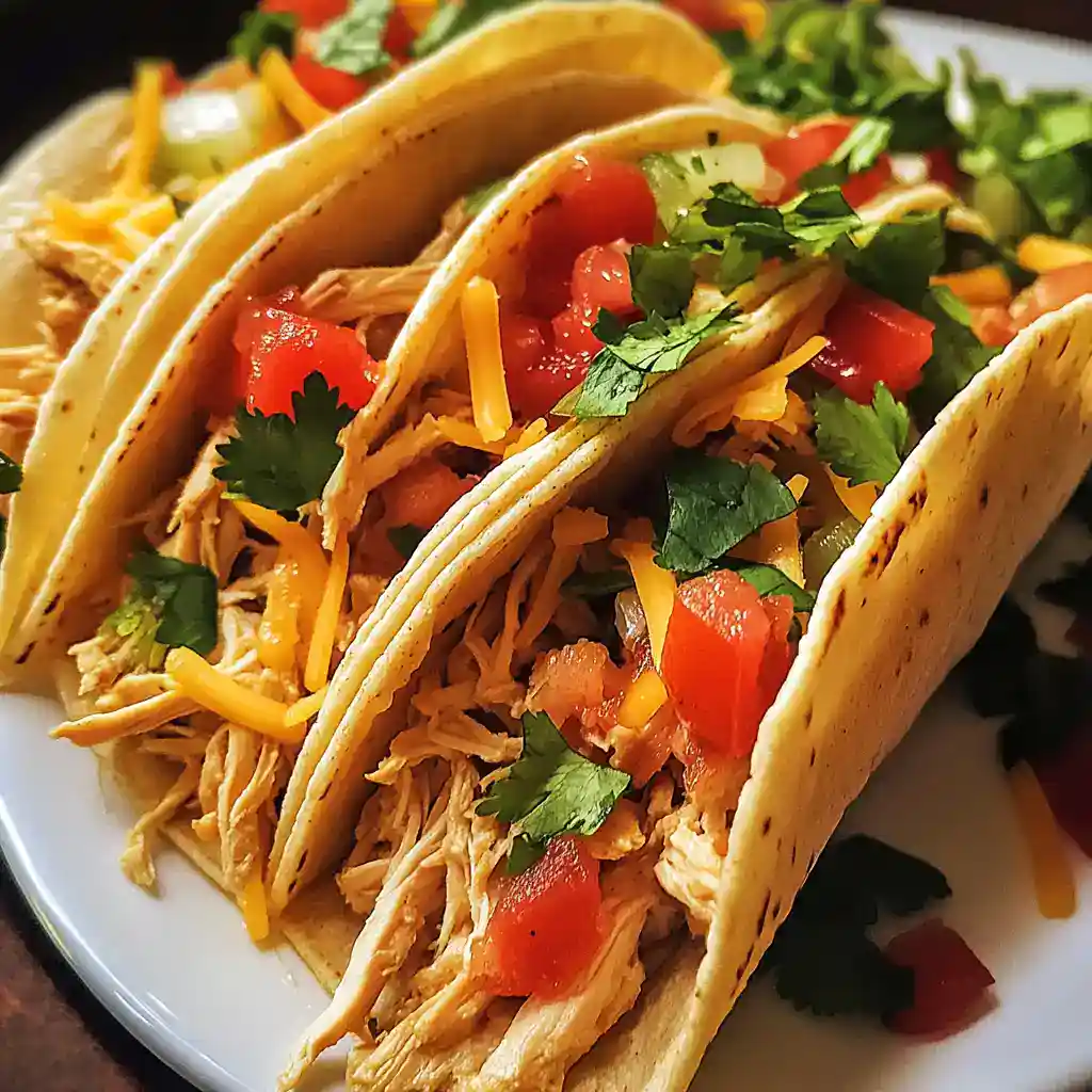 Soft taco with shredded chicken, fresh tomatoes, shredded cheddar cheese, and cilantro on corn tortillas. Perfect for quick homemade Mexican meals and easy dinner ideas.