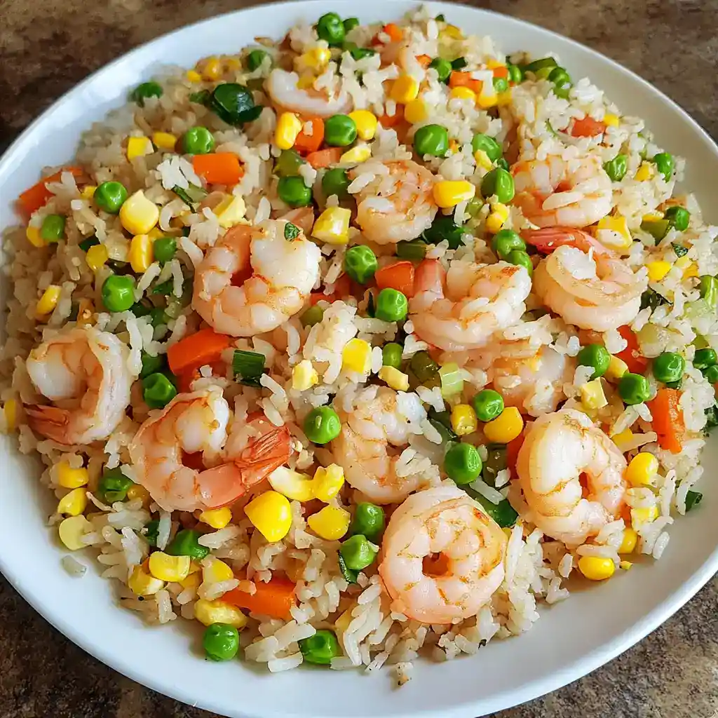 Shrimp fried rice with vegetables, colorful rice dish, quick seafood fried rice recipe, healthy shrimp and vegetable stir-fry, easy homemade shrimp fried rice.