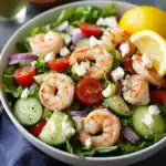 Grilled shrimp salad with cherry tomatoes, cucumbers, red onions, feta cheese, and lemon wedges in a bowl. Fresh, healthy seafood salad perfect for lunch or dinner options.