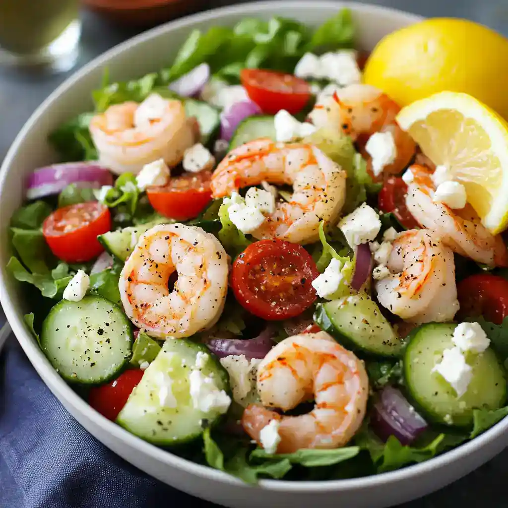 Grilled shrimp salad with cherry tomatoes, cucumbers, red onions, feta cheese, and lemon wedges in a bowl. Fresh, healthy seafood salad perfect for lunch or dinner options.