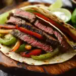 Juicy grilled steak tacos with colorful peppers and fresh lime slices on a wooden serving board, perfect for Mexican-inspired recipes and flavorful street-style tacos.
